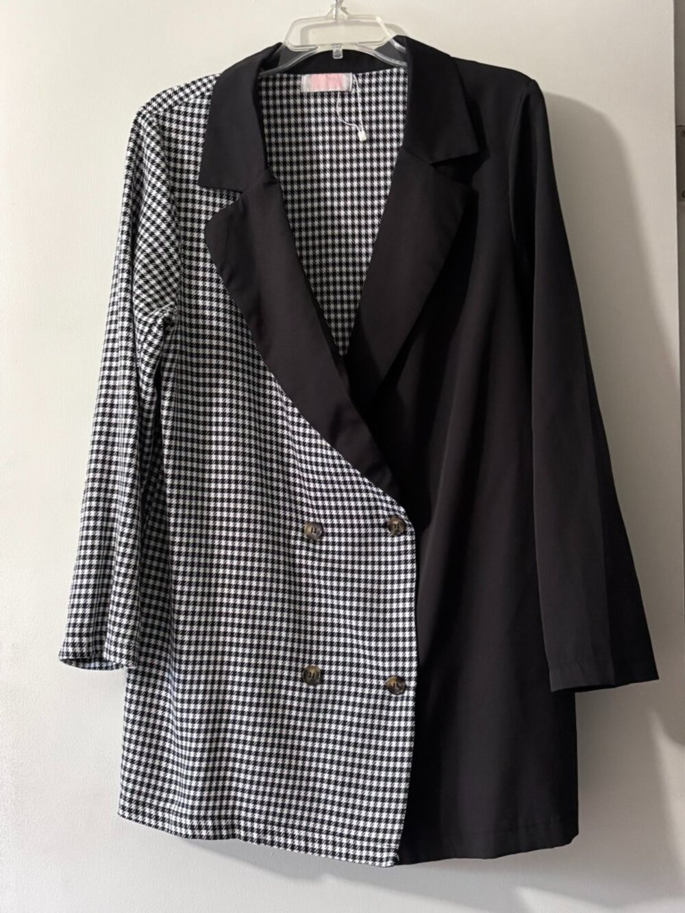 C+D+M Black White Split Colorblock Houndstooth Double Breasted Blazer XL